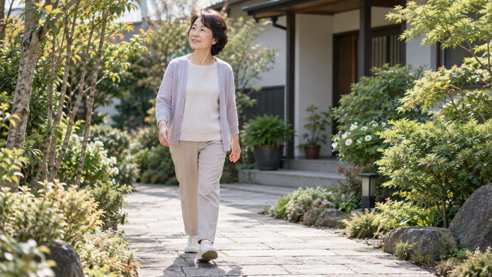 庭の道を歩く女性のAI生成イメージ