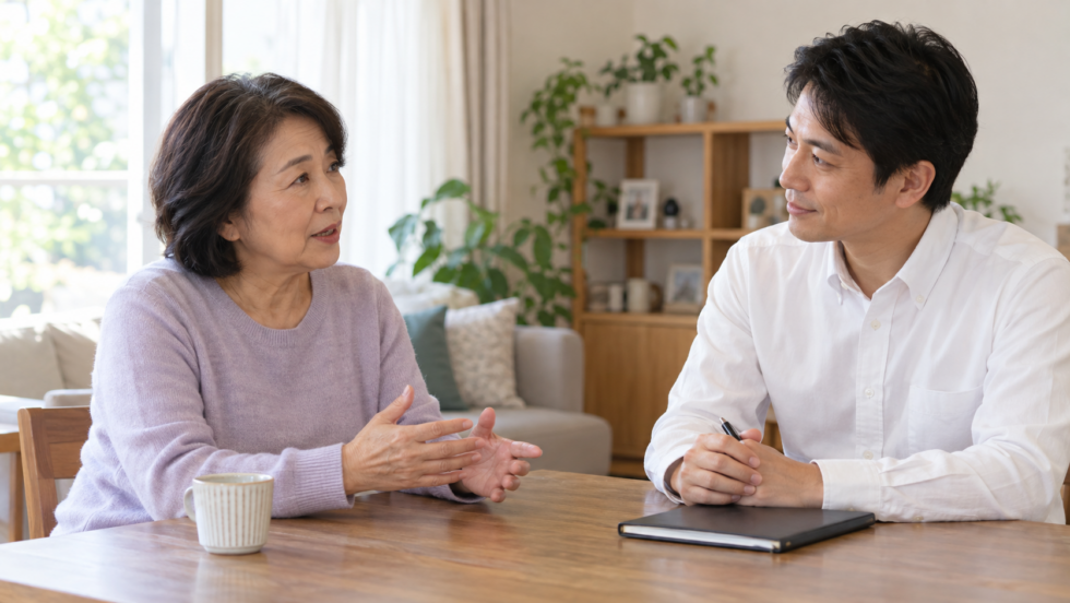 股関節の不調について相談する女性のAI生成イメージ