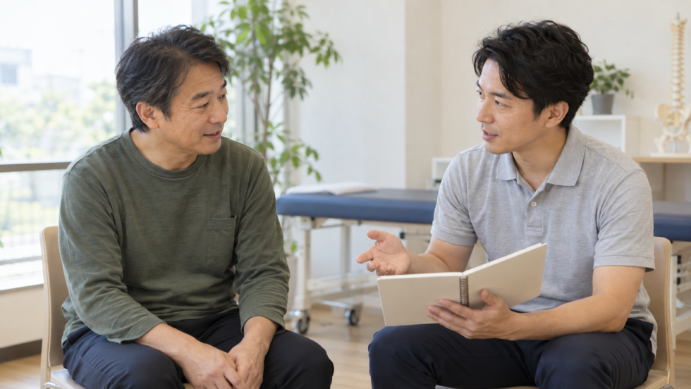 ノートを見ながら運動について相談する二人の男性の説明用イメージ