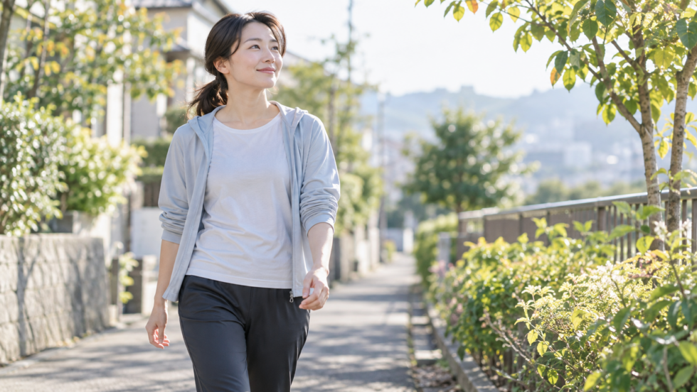 緑のある道を無理のない姿勢で歩く女性の説明用イメージ