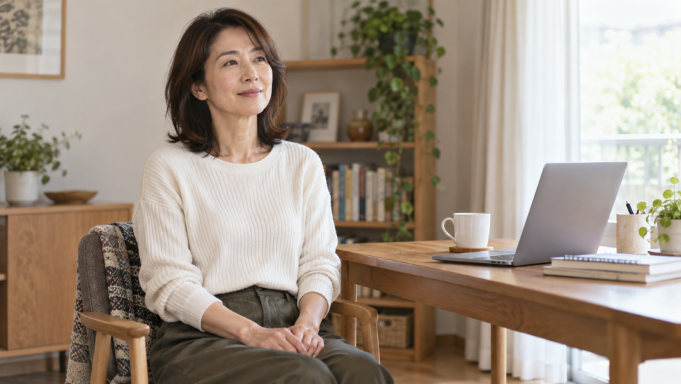 自宅の机で作業を休み、楽な姿勢で椅子に座る女性の説明用イメージ