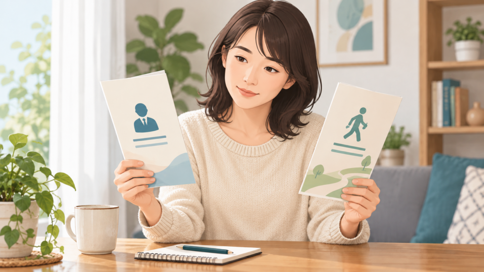 二つの案内資料を持ち、相談先について確認する女性の説明用画像