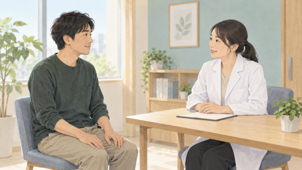 手のしびれや日常で困る動作について医療者に相談する場面の説明用イラスト