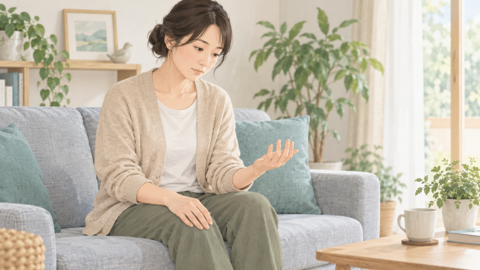 手首を無理に伸ばさず、自分の手を見て状態を振り返る女性の説明用イラスト