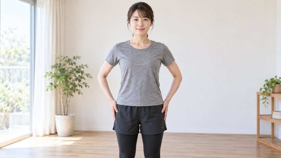 腰の横へ手を添えて立つ女性の説明用イメージ
