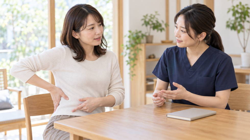 骨盤周辺の動きについて専門家と相談する説明用イメージ