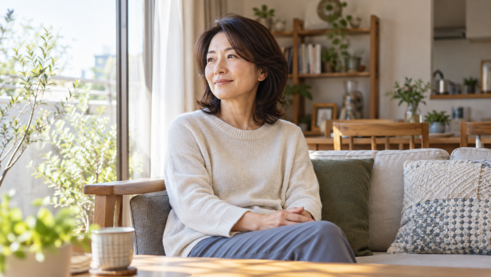 窓辺で落ち着いて座る更年期世代の女性のAI生成イメージ