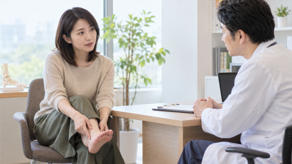 足の状態を医療者に説明する女性の説明用イメージ