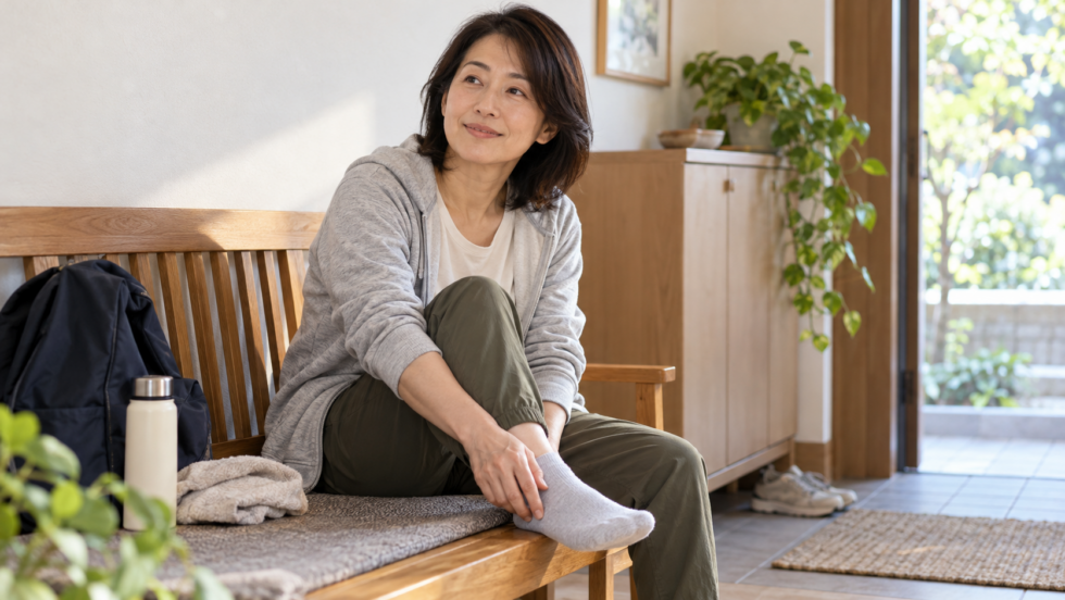 歩行後に座って靴下を履いた足へ手を添える女性の説明用イメージ