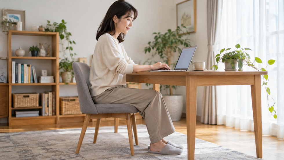 机でパソコン作業をする女性のAI生成イメージ