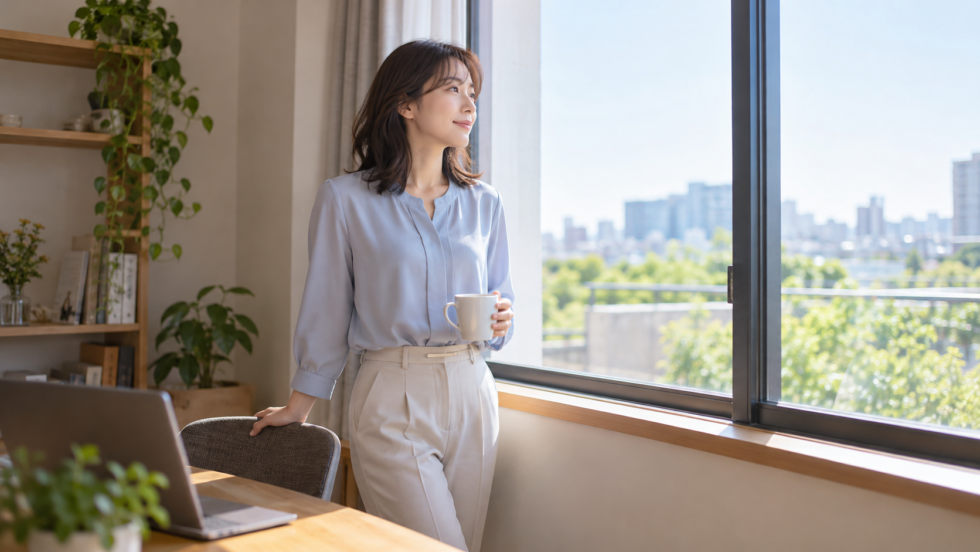 椅子のそばで立って休憩する成人のAI生成イメージ