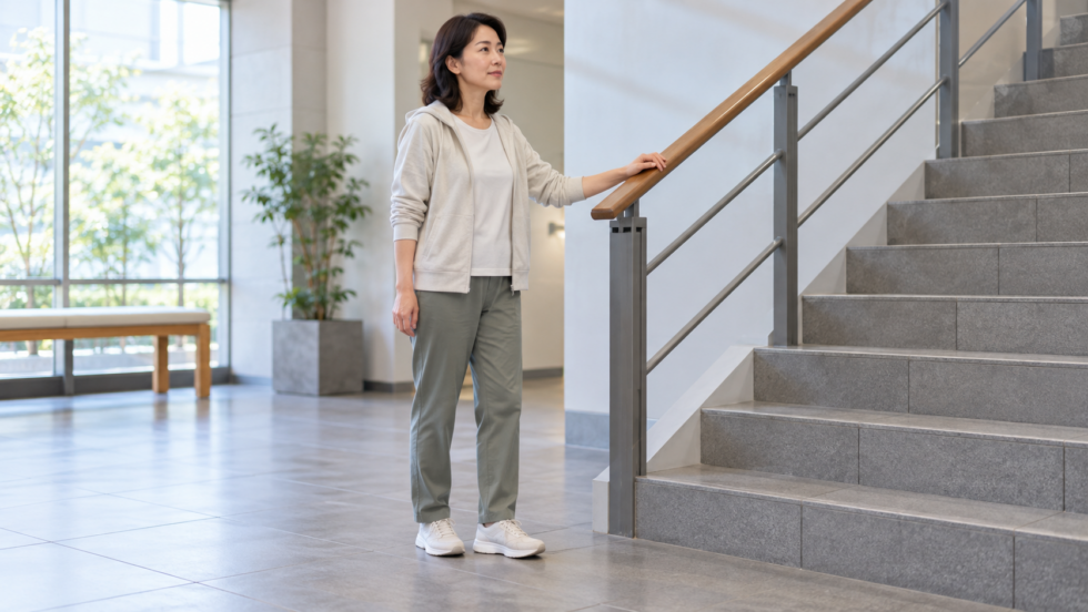 階段の前で手すりを使いながら立ち止まる女性の説明用イメージ