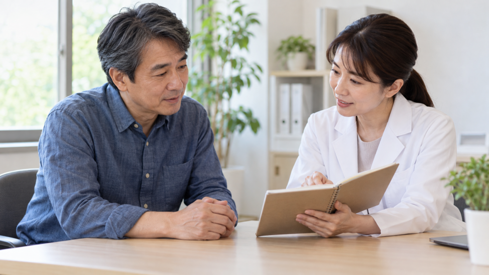 膝の困りごとを医療者と相談する男性の説明用イメージ