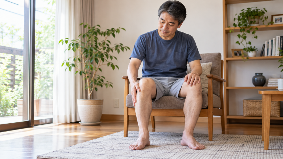 椅子に座って膝に手を添える男性の説明用イメージ