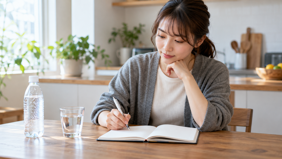 水と飲み物をそばに置き、ノートに経過を記録する女性の説明用イメージ