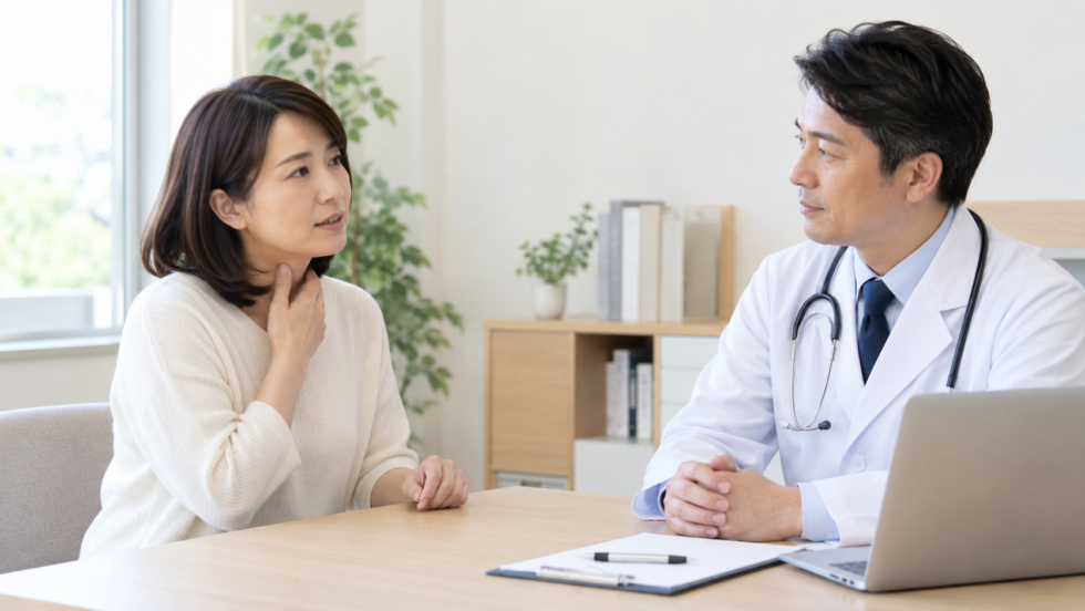 喉の症状について医療者に相談する場面の説明用イメージ