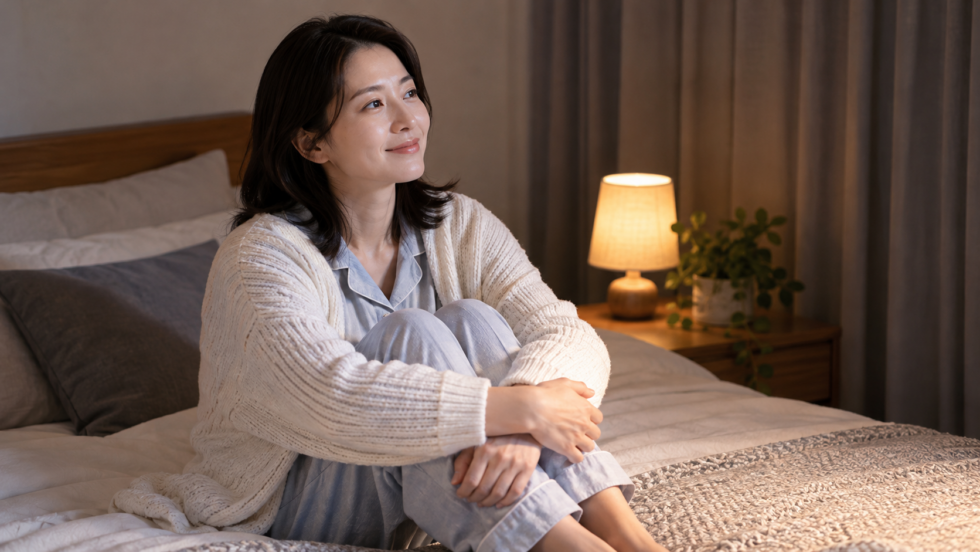 夜のベッドでくつろぐ女性のAI生成イメージ