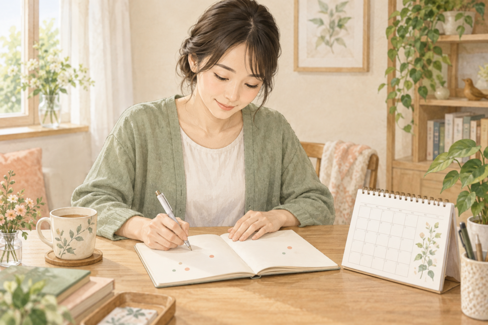 体調や月経の日程をノートへ記録している女性の説明用イラスト