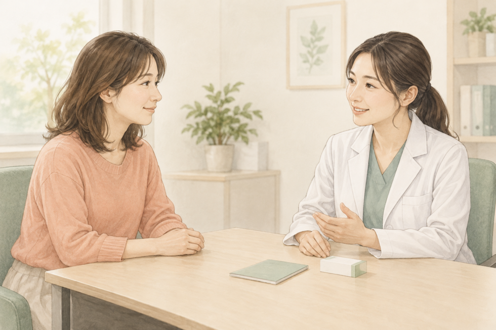 薬の情報を持参して医療者へ相談する女性の説明用イラスト