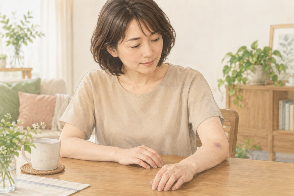 前腕にできた小さなあざを見て確認する女性の説明用イラスト