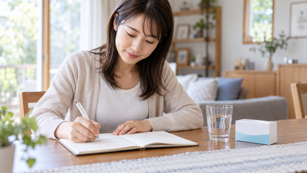 頭痛や薬の使用をノートに記録する女性の説明用イメージ