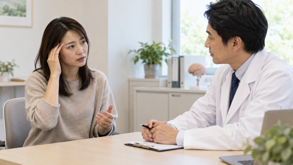 頭痛と吐き気について医療者と相談する女性の説明用イメージ