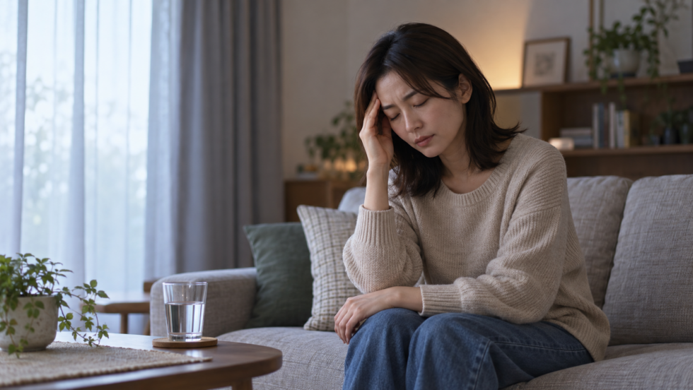 静かな部屋で頭痛のため休む女性の説明用イメージ
