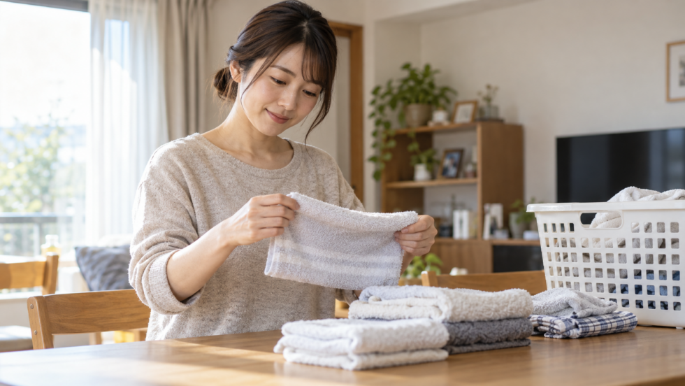 自宅でタオルをたたむ女性の説明用イメージ