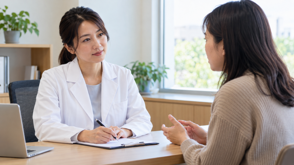 机を挟んで体調について医師に相談する女性の説明用イメージ