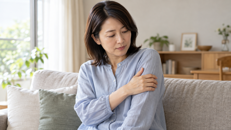 衣服の上から上腕の付け根付近に軽く手を添える女性の説明用イメージ