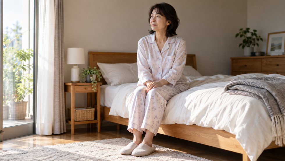 ベッドの端に座って休む女性のAI生成イメージ