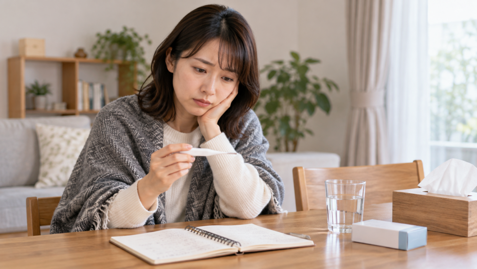 体温計と症状メモで体調を確認する女性の説明用イメージ
