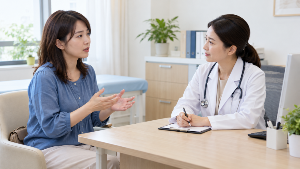 咳や胸の痛みについて医療者へ相談する女性の説明用イメージ