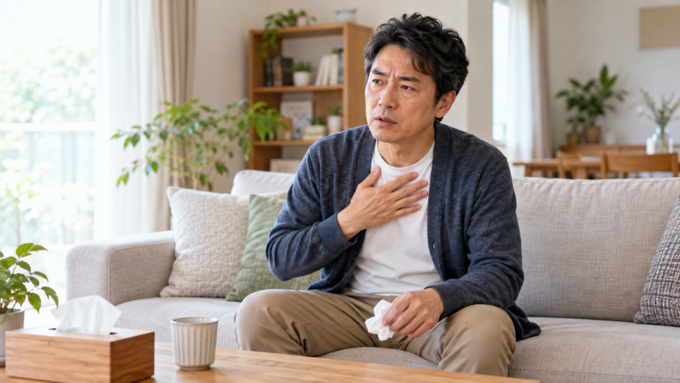 咳のあとに胸へそっと手を添える男性の説明用イメージ