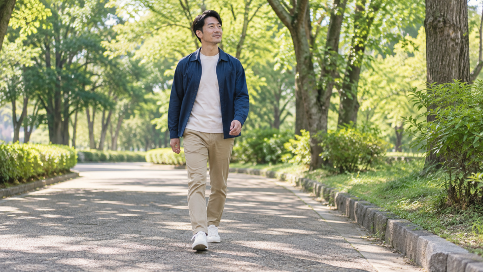平らな公園の道を自然に歩く男性のAI生成イメージ