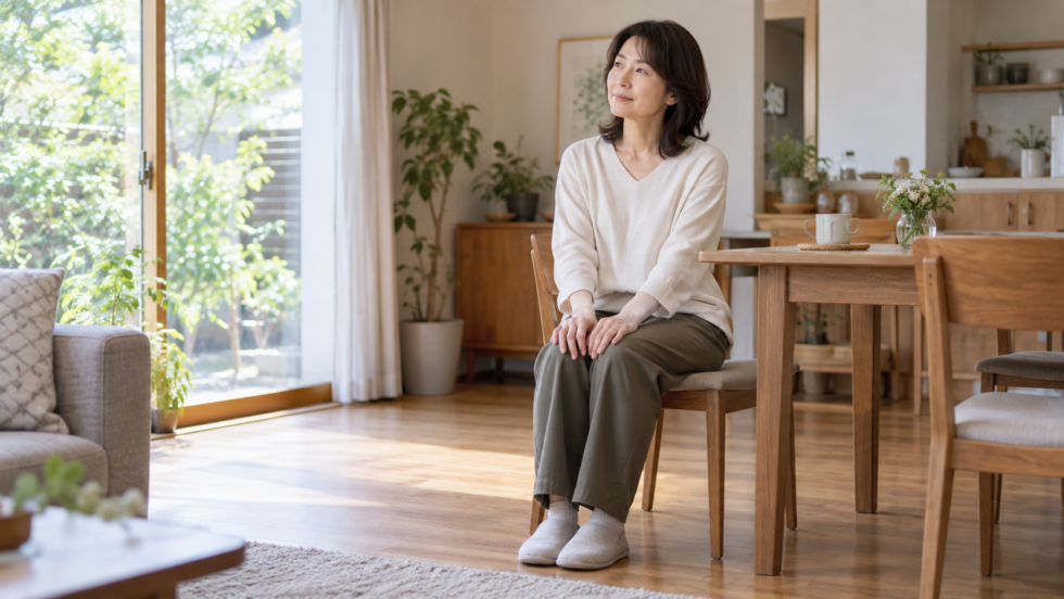 椅子に座り膝に軽く手を置く女性のAI生成イメージ