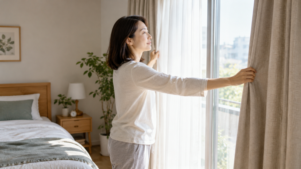 朝にカーテンを開ける女性の説明用イメージ