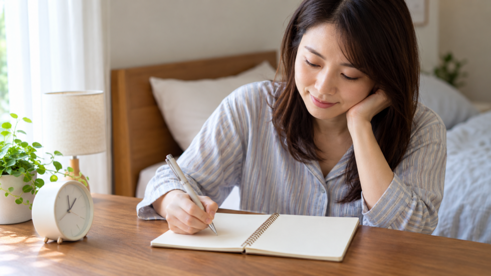 睡眠の状況をノートへ記録する女性の説明用イメージ