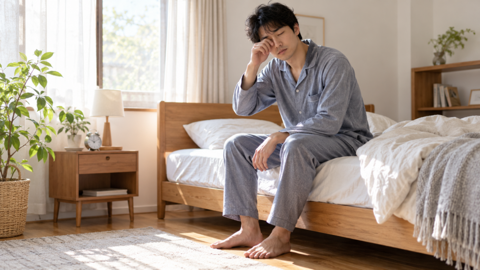 起床後にベッドの端で身支度の前に落ち着く男性のイメージ