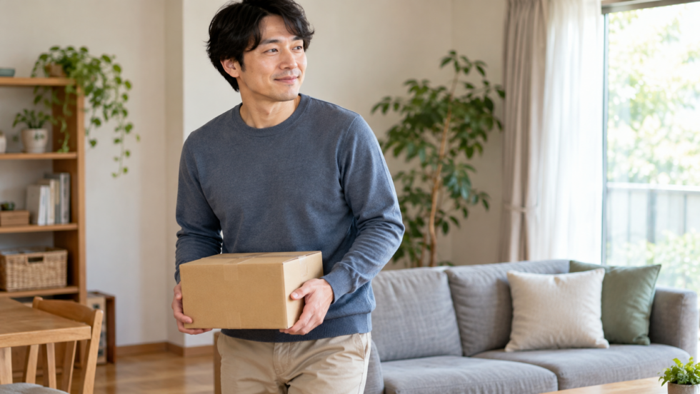小さな箱を体の近くで持つ男性のAI生成イメージ