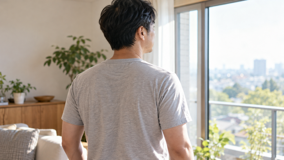 窓辺に立つ男性の背中を斜め後ろから見たAI生成イメージ