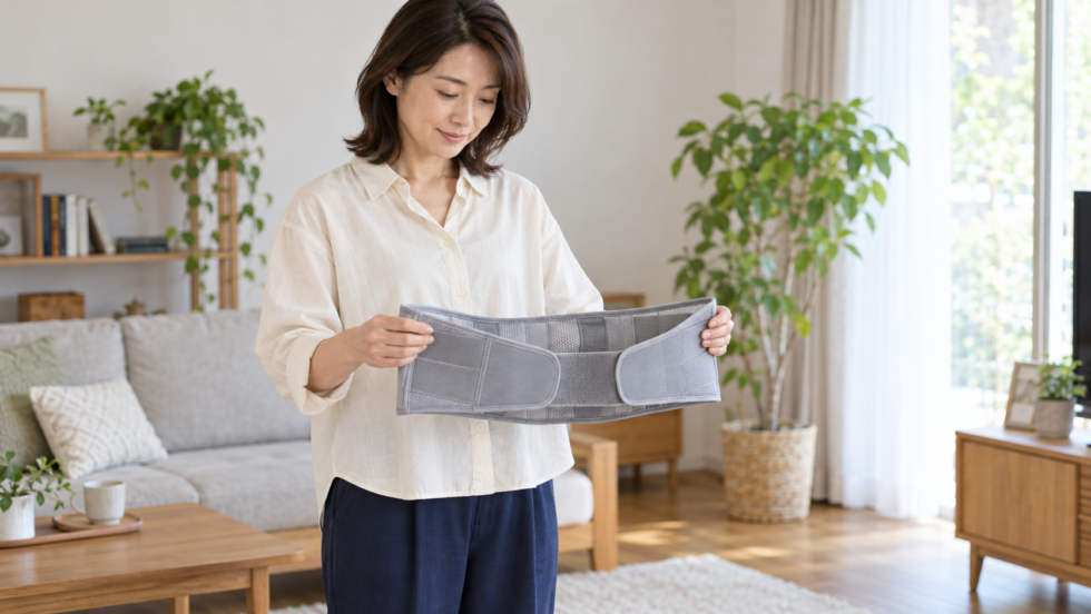 腰用ベルトを手に取って確認する女性の説明用イメージ