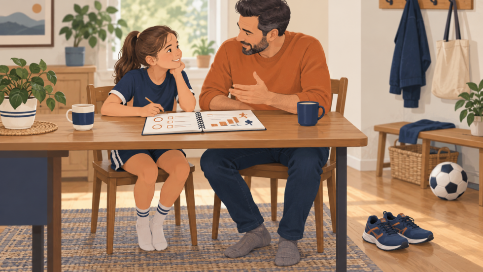 活動の記録を見ながら保護者と相談する子どもと、そばに置かれた運動靴のイラスト