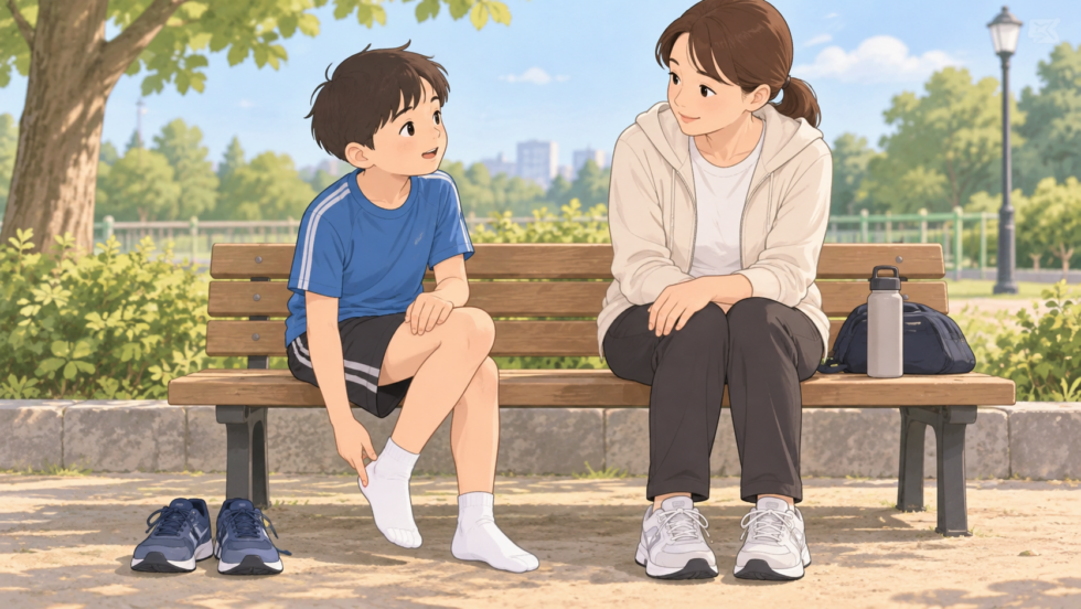 ベンチに座り、かかと付近を指しながら保護者に話す子どもの説明用イラスト