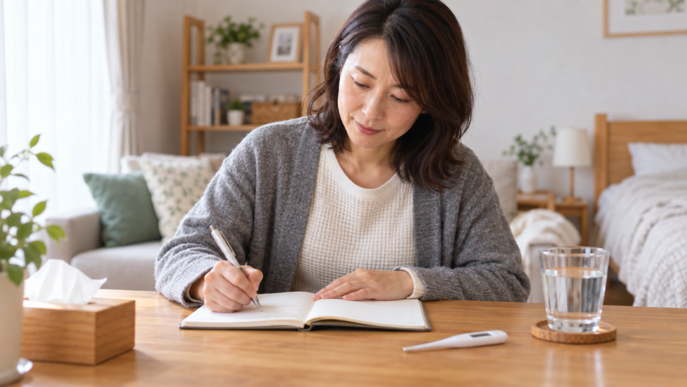 症状の経過をノートに記録する女性の説明用イメージ