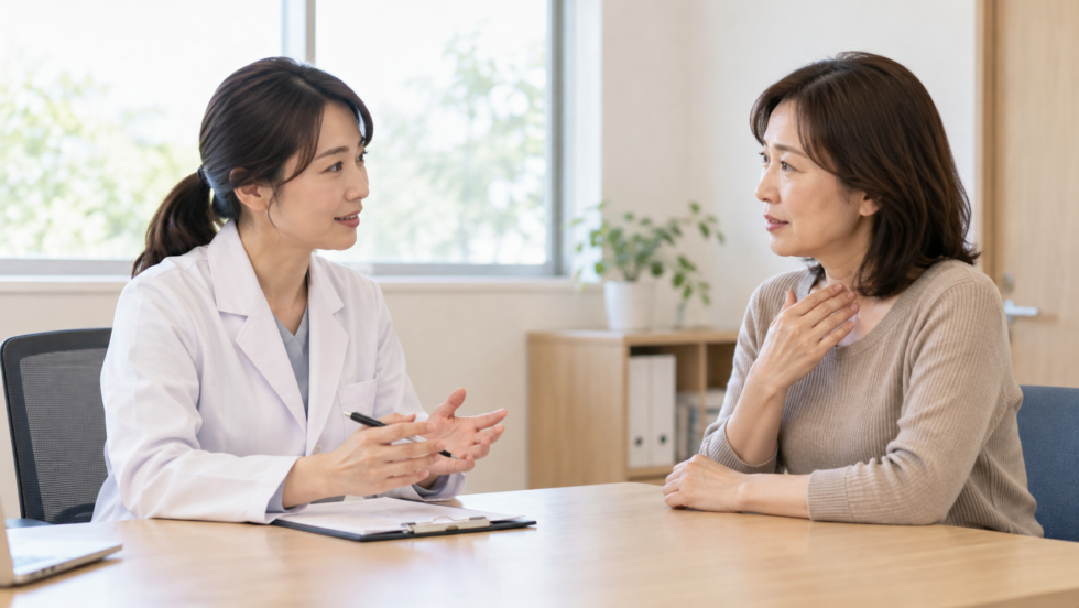 医療者に症状を伝えて相談する女性の説明用イメージ