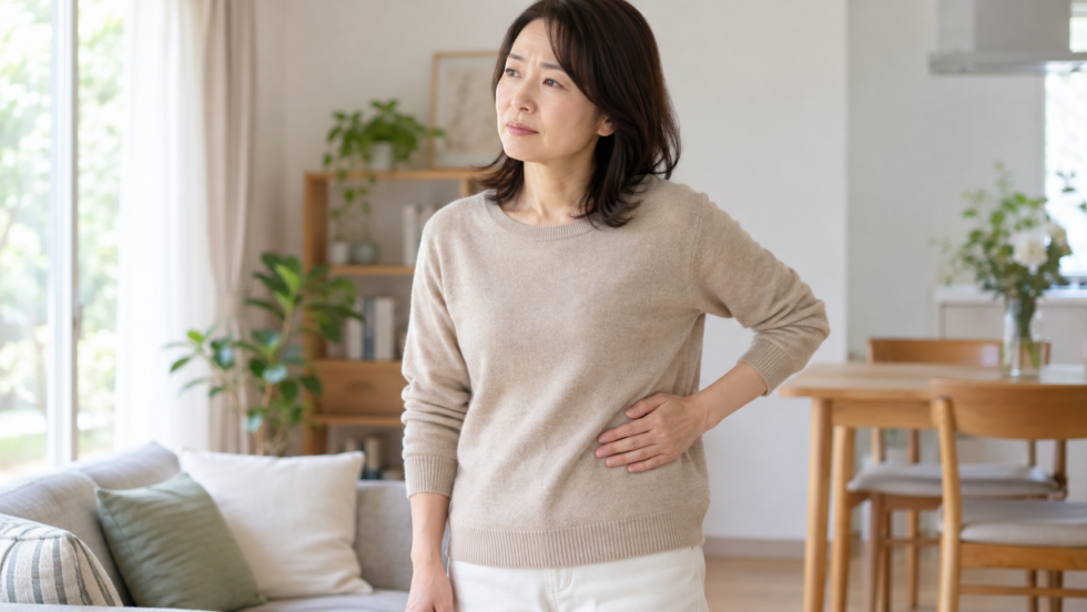 左脇腹に手を添えて体の状態を気にかける女性の説明用イメージ
