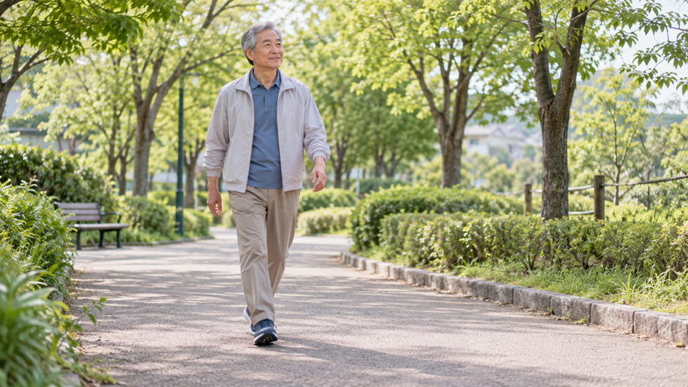 平らな公園の道を無理のないペースで歩く男性の説明用イメージ