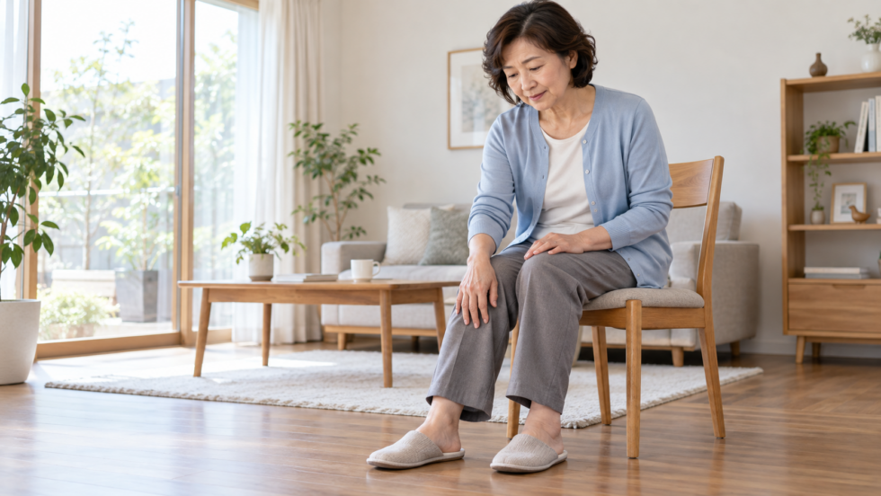 椅子に座り、膝にそっと手を添える女性の説明用イメージ