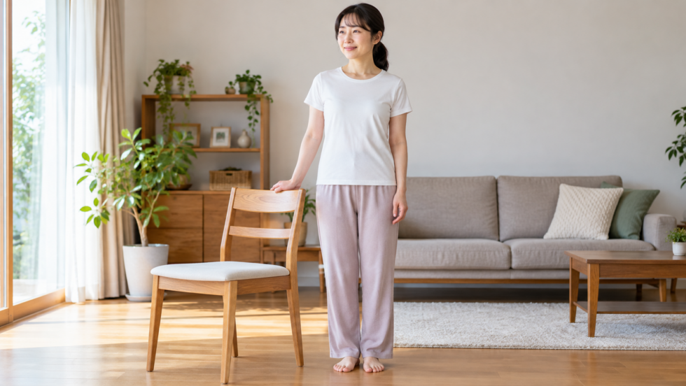 椅子の横で自然に立つ大人の説明用イメージ